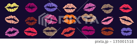Lip sensual impression. Kiss stamp. Mouth mark. Labial imprint. Feminine oral shape. Smooch icon, red embrace glamour. Lip lock contour. Lipstick palette. Vector shadow tidy peck isolated elements 135001518
