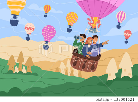 Hot air balloon flight. Sky basket journey. Person travel in clouds. Cappadocia tour landscape. Soaring characters. Summer vacation adventures. Vector garish cartoon flat style isolated illustration 135001521