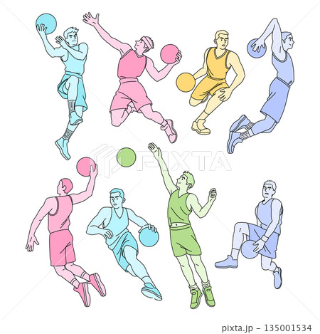 Basketball. Action sport. Active athlete playing, colorful character. Team competition. Athletic training exercises. Team game of ball. Vector championship match or tournament isolated people set Basketball. Action sport. Active athlete playing, colorful character. Team competition. Athletic training exercises. Team game of ball. Vector championship match or tournament isolated people set 135001534