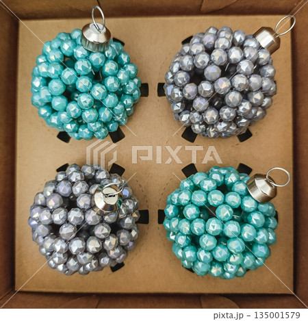 Set of handmade Christmas balls made of crystal beads of different colors Set of handmade Christmas balls made of crystal beads of different colors 135001579