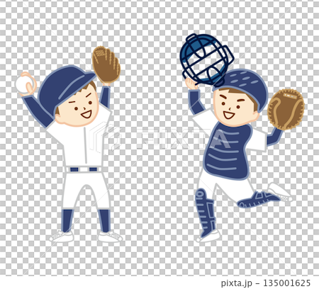 野球の試合に勝ち、笑顔でピッチャーに駆け寄るキャッチャー 135001625