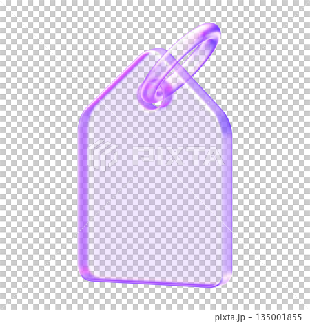 Purple glassmorphism tag icon representing labels, pricing, and categorization for e-commerce or data tagging. The frosted glass effect adds premium feel to shopping, metadata, and bookmarking 135001855