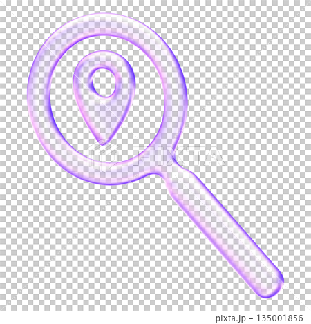 Purple translucent search location icon in glassmorphism style for maps and address finding features. Combining magnifying glass with pin, it serves as clear symbol for local discovery and GPS Purple translucent search location icon in glassmorphism style for maps and address finding features. Combining magnifying glass with pin, it serves as clear symbol for local discovery and GPS 135001856