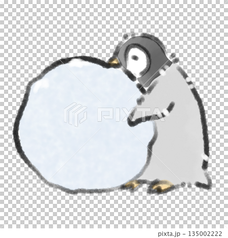 A watercolor hand-drawn illustration of a baby penguin playing in winter, rolling a big snowball with all his might 135002222