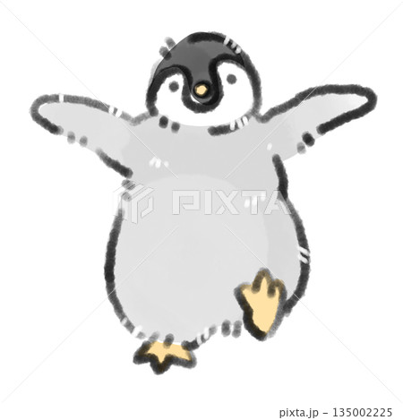 両手を広げて元気に歩く可愛いペンギンの赤ちゃんの動物や冬イメージの水彩風手描きイラスト 135002225