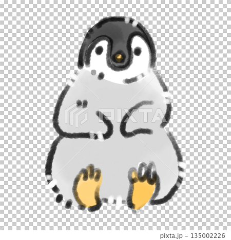 足を広げて可愛くお座りするペンギンの赤ちゃんの動物や癒やしイメージの水彩風手描きイラスト 135002226