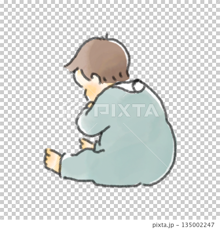 A watercolor-style hand-drawn illustration of a cute baby sitting and staring at something, recording his growth 135002247