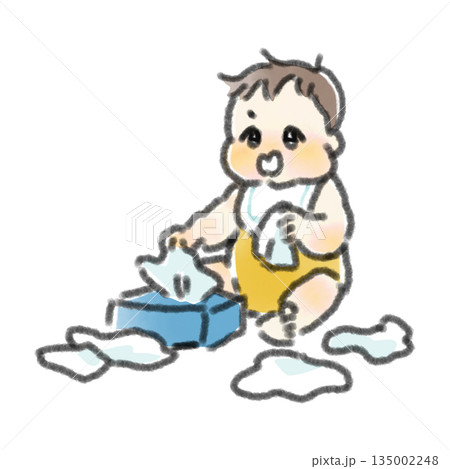 ティッシュ箱から次々とティッシュを引き出して遊ぶ赤ちゃんのいたずらな水彩風手描きイラスト 135002248