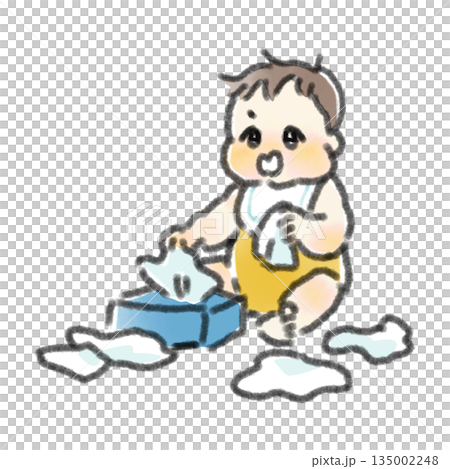 一幅俏皮的水彩風格手繪插圖，描繪了一個嬰兒玩耍時從紙巾盒裡一張接一張地抽出紙巾的場景。 135002248