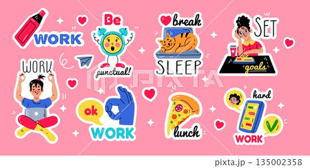 Cartoon business office. Workplace sticker. Laptop label. Character working. Motivational expression. Corporate routine. Time management, office routine icons. Vector funny retro tidy badges set Cartoon business office. Workplace sticker. Laptop label. Character working. Motivational expression. Corporate routine. Time management, office routine icons. Vector funny retro tidy badges set 135002358