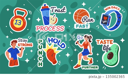 Motivation sport sticker. Fitness icon, running, yoga. Gym design. Health fit art. Active lifestyle promoting, typography art. Emblems or badges. Vector tidy cartoon flat style isolated illustration Motivation sport sticker. Fitness icon, running, yoga. Gym design. Health fit art. Active lifestyle promoting, typography art. Emblems or badges. Vector tidy cartoon flat style isolated illustration 135002365
