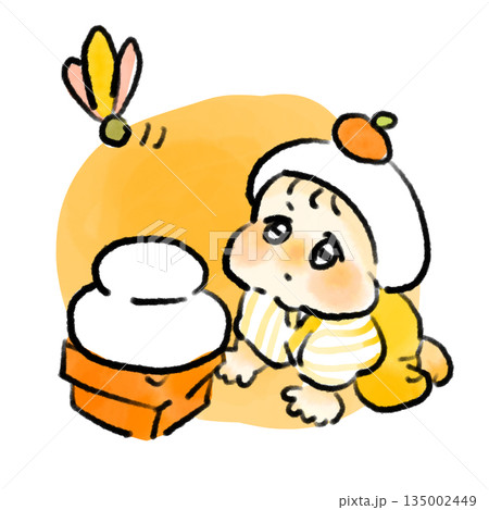 鏡餅と羽根つきの羽の横で不思議そうにハイハイする赤ちゃんの正月イメージの水彩風手描きイラスト 135002449