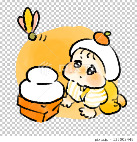 一幅水彩風格的手繪插圖，描繪了一幅新年景象：一個嬰兒好奇地爬在鏡餅和羽毛旁邊。 135002449