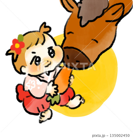 晴れ着を着て馬に人参をあげて触れ合う赤ちゃんの正月や干支を祝う水彩風手描きイラスト 135002450