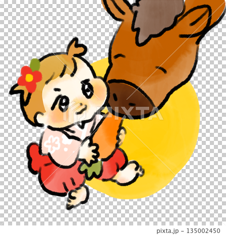 晴れ着を着て馬に人参をあげて触れ合う赤ちゃんの正月や干支を祝う水彩風手描きイラスト 135002450