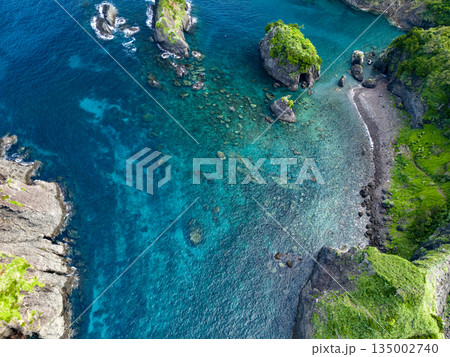 ヒリゾ浜のドローン撮影。大根島、あいあい岬、数々の地磯も見える。ヒリゾ浜南伊豆町中木 静岡県伊豆半島 ヒリゾ浜のドローン撮影。大根島、あいあい岬、数々の地磯も見える。ヒリゾ浜南伊豆町中木 静岡県伊豆半島 135002740