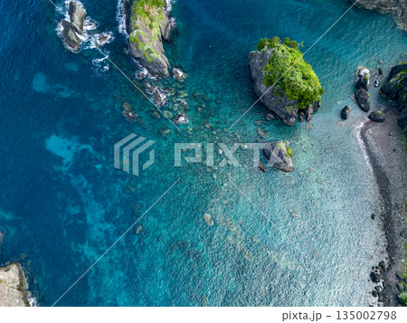 ヒリゾ浜のドローン撮影。大根島、あいあい岬、数々の地磯も見える。ヒリゾ浜南伊豆町中木 静岡県伊豆半島 135002798