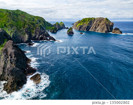 ヒリゾ浜のドローン撮影。大根島、あいあい岬、数々の地磯も見える。ヒリゾ浜南伊豆町中木 静岡県伊豆半島 135002802
