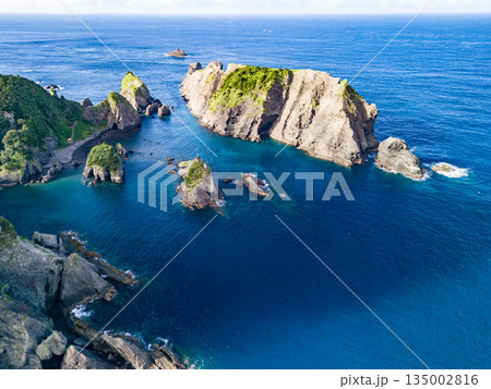 ヒリゾ浜のドローン撮影。大根島、あいあい岬、数々の地磯も見える。ヒリゾ浜南伊豆町中木 静岡県伊豆半島 135002816
