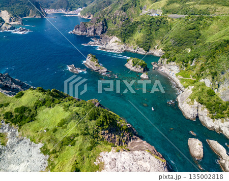 ヒリゾ浜のドローン撮影。大根島、あいあい岬、数々の地磯も見える。ヒリゾ浜南伊豆町中木 静岡県伊豆半島 ヒリゾ浜のドローン撮影。大根島、あいあい岬、数々の地磯も見える。ヒリゾ浜南伊豆町中木 静岡県伊豆半島 135002818