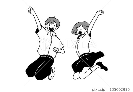 ジャンプして喜ぶ中高生のイラスト（男女・手書き風・ベクター） 135002950