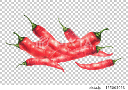 Pile of hot red chili pepper. Watercolor hand drawn illustration. Spice ingredient, chilli or cayenne condiment. Spicy vegetables for food label, sauces, menu, recipe. Isolated from background clipart Pile of hot red chili pepper. Watercolor hand drawn illustration. Spice ingredient, chilli or cayenne condiment. Spicy vegetables for food label, sauces, menu, recipe. Isolated from background clipart 135003068