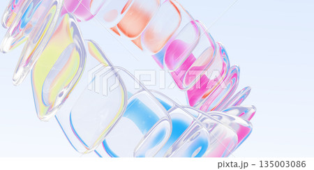 Rainbow glass circle on light blue 3d background. Colorful ring of bright transparent square plate shapes, gradient swirl vortex with motion effect. Abstract futuristic tech banner. 3D illustration 135003086