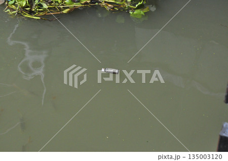 Water pollution plastic bottle dirty river floating trash environmental damage waste contamination debris floating bottle 135003120