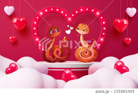 Valentine day podium stage with funny snakes couple and love hearts, vector greeting card. Valentine day love holiday podium stage or platform in clouds and hearts on strings for wedding marriage Valentine day podium stage with funny snakes couple and love hearts, vector greeting card. Valentine day love holiday podium stage or platform in clouds and hearts on strings for wedding marriage 135003305