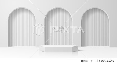 Arch and white cosmetic product presentation stand vector background. Minimal geometric display platform or podium stand with arches at background. Empty white showroom for cosmetics presentation 135003325