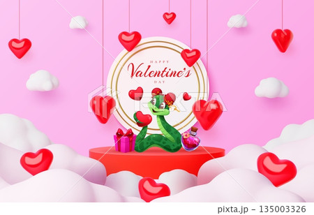 Valentine day podium stage with snake and heart balloons in clouds, vector poster. Happy Valentine day love holiday greeting card with funny snake, wedding gift and magic love potion on podium stage 135003326