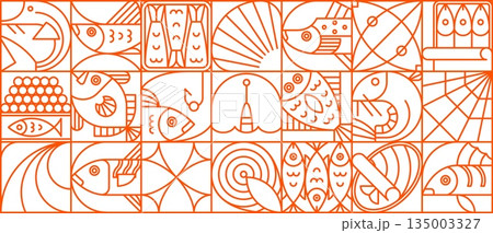 Seafood and fish geometric pattern with sea food and fish. Vector retro modern abstract linear marine motif with waves, hooks and nets line art elements for seafood, ocean and fishing background 135003327