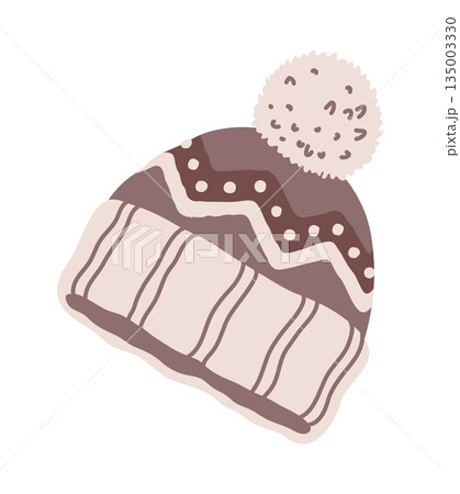 Winter wardrobe knitted hat, cold season clothing item. Warm clothes isolated item, winter wardrobe garment cartoon vector accessory. Cold weather headwear knitted hat with pompon element or sticker Winter wardrobe knitted hat, cold season clothing item. Warm clothes isolated item, winter wardrobe garment cartoon vector accessory. Cold weather headwear knitted hat with pompon element or sticker 135003330