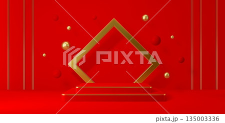 3d red vector podium stage with golden square arch, red and shiny spheres or pearls and vertical lines. Luxury product display, holiday event platform, cosmetics podium background for presentation 3d red vector podium stage with golden square arch, red and shiny spheres or pearls and vertical lines. Luxury product display, holiday event platform, cosmetics podium background for presentation 135003336