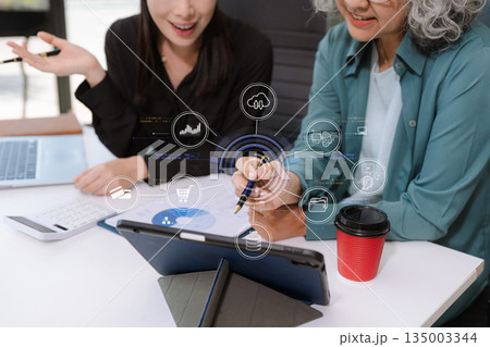 Project manager working and update tasks with milestones progress planning and professional investor working new start up project in the office. 135003344