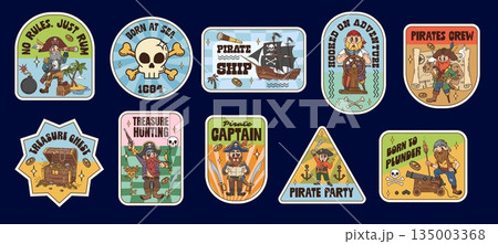 Pirate groovy label stickers with vintage cartoon pirate captains and treasure chests. Corsairs retro patches with skull, ship and cannon. Funky vector pirate stickers with maps and gold coins 135003368