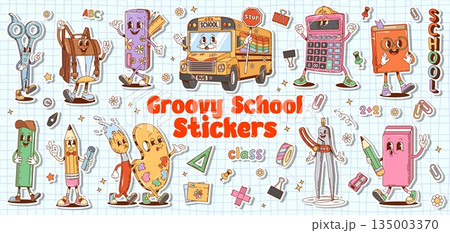 Cartoon groovy school education characters stickers pack. Cute school supplies and stationeries vector personages. Retro groovy hippie book, pencil and ruler, calculator, bag, paint and bus characters Cartoon groovy school education characters stickers pack. Cute school supplies and stationeries vector personages. Retro groovy hippie book, pencil and ruler, calculator, bag, paint and bus characters 135003370