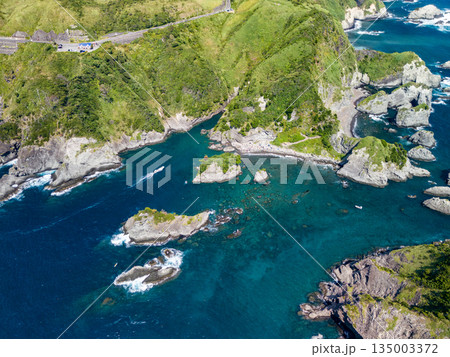 ヒリゾ浜のドローン撮影。大根島、あいあい岬、数々の地磯も見える。ヒリゾ浜南伊豆町中木 静岡県伊豆半島 ヒリゾ浜のドローン撮影。大根島、あいあい岬、数々の地磯も見える。ヒリゾ浜南伊豆町中木 静岡県伊豆半島 135003372