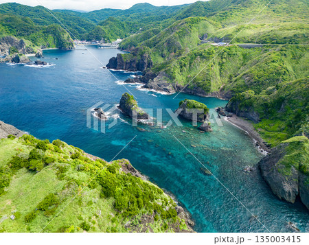 ヒリゾ浜のドローン撮影。大根島、あいあい岬、数々の地磯も見える。ヒリゾ浜南伊豆町中木 静岡県伊豆半島 ヒリゾ浜のドローン撮影。大根島、あいあい岬、数々の地磯も見える。ヒリゾ浜南伊豆町中木 静岡県伊豆半島 135003415