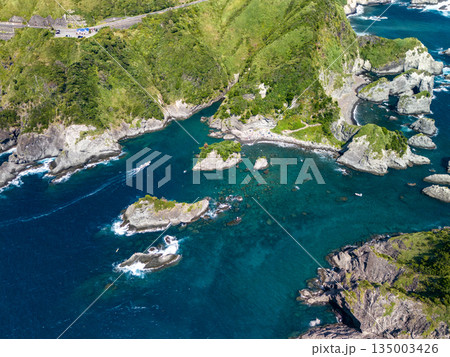 ヒリゾ浜のドローン撮影。大根島、あいあい岬、数々の地磯も見える。ヒリゾ浜南伊豆町中木 静岡県伊豆半島 135003426