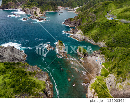 ヒリゾ浜のドローン撮影。大根島、あいあい岬、数々の地磯も見える。ヒリゾ浜南伊豆町中木 静岡県伊豆半島 135003434