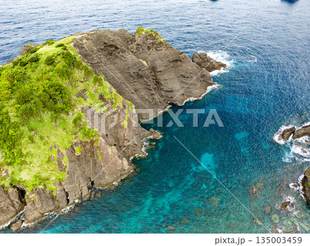 ヒリゾ浜のドローン撮影。大根島、あいあい岬、数々の地磯も見える。ヒリゾ浜南伊豆町中木 静岡県伊豆半島 135003459