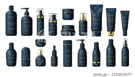 3d cosmetic products black vector bottles and package mockup. Hair shampoo and balm, cleansing gel, toner, deodorant, serum bottle, lotion and face cream tube, pump dispenser cosmetic containers 3d cosmetic products black vector bottles and package mockup. Hair shampoo and balm, cleansing gel, toner, deodorant, serum bottle, lotion and face cream tube, pump dispenser cosmetic containers 135003477