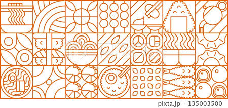 Japanese food modern geometric pattern with linear Asian food motifs arranged in outline orange grid. Vector retro background with culinary elements like sushi, rolls, fish, shrimps and seafood meals 135003500