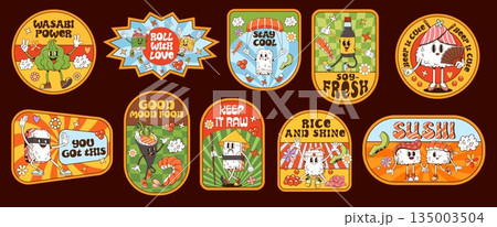 Japanese sushi and roll characters hippie groovy label stickers and y2k patches, vector asian cuisine food. Cartoon maki, temaki and nigiri sushi with chopsticks, wasabi and soy sauce groovy stickers Japanese sushi and roll characters hippie groovy label stickers and y2k patches, vector asian cuisine food. Cartoon maki, temaki and nigiri sushi with chopsticks, wasabi and soy sauce groovy stickers 135003504