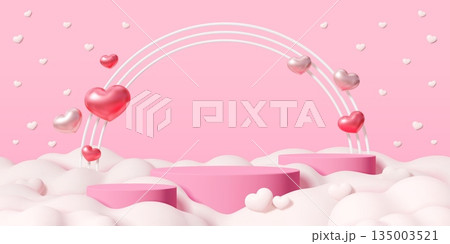 3d valentine podium with pink stage pedestals, fluffy clouds and shiny hearts. Realistic 3d vector romantic background for expressing love, romance, festive celebration, passion and gift promotions 3d valentine podium with pink stage pedestals, fluffy clouds and shiny hearts. Realistic 3d vector romantic background for expressing love, romance, festive celebration, passion and gift promotions 135003521