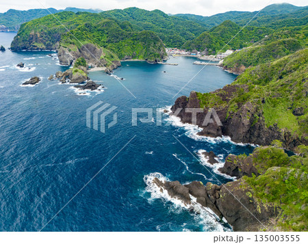ヒリゾ浜のドローン撮影。大根島、あいあい岬、数々の地磯も見える。ヒリゾ浜南伊豆町中木 静岡県伊豆半島 135003555