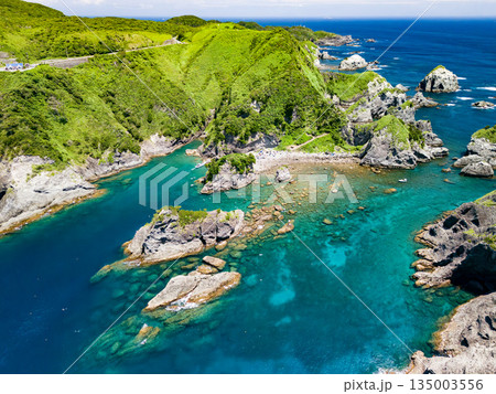 ヒリゾ浜のドローン撮影。大根島、あいあい岬、数々の地磯も見える。ヒリゾ浜南伊豆町中木 静岡県伊豆半島 135003556