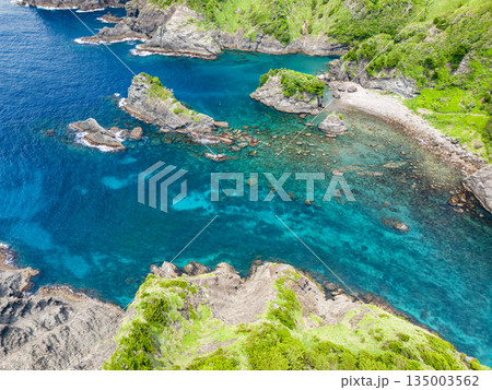 ヒリゾ浜のドローン撮影。大根島、あいあい岬、数々の地磯も見える。ヒリゾ浜南伊豆町中木 静岡県伊豆半島 ヒリゾ浜のドローン撮影。大根島、あいあい岬、数々の地磯も見える。ヒリゾ浜南伊豆町中木 静岡県伊豆半島 135003562