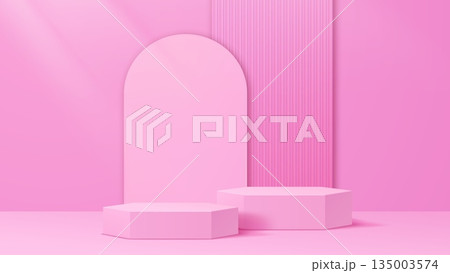 3d pink podium stage pedestals with romantic arch backdrop. Realistic vector mockup with luxury showcase space for product presentation in beauty or fashion. Geometric hexagonal display platform 3d pink podium stage pedestals with romantic arch backdrop. Realistic vector mockup with luxury showcase space for product presentation in beauty or fashion. Geometric hexagonal display platform 135003574